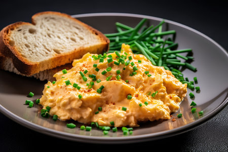 scrambled eggs with chives and toasted bread on plateの素材