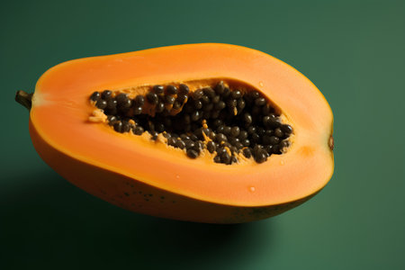 Papaya fruit isolated on green background. 3d illustration.の素材