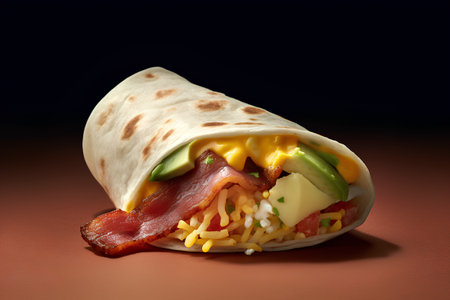 Tortilla wrap with bacon, avocado and cheese on dark backgroundの素材