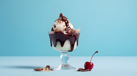 Chocolate sundae with ice cream and cherry on a blue backgroundの素材