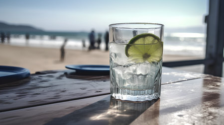 Glass of water with ice cubes and lime on the table on the beachの素材