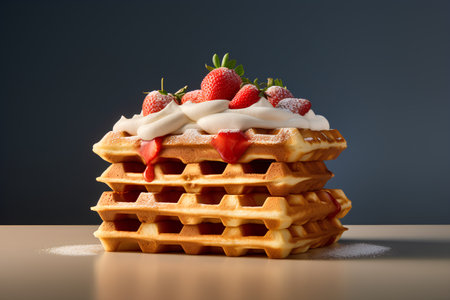 Belgian waffles with strawberries and whipped cream on a dark backgroundの素材