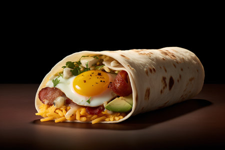 Tortilla wrap with fried eggs and vegetables on a dark backgroundの素材