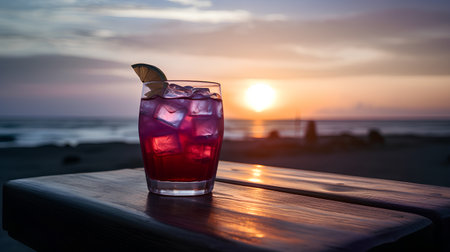 Cocktail with ice on the background of the sea and sunset.の素材