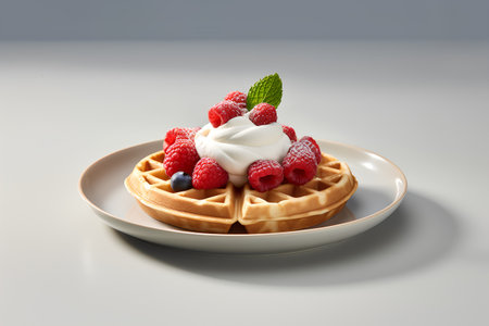Belgian waffles with whipped cream and fresh berries. 3d illustrationの素材