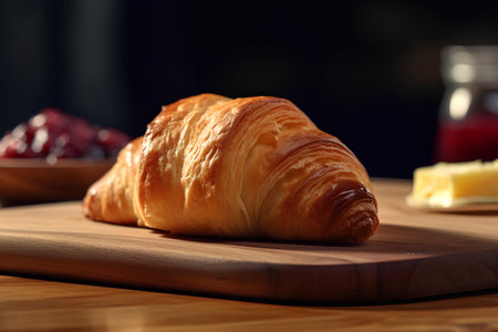 Croissant on a cutting board with jam on a dark backgroundの素材