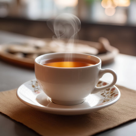 Cup of tea with steam on wooden table in cafe, stock photoの素材