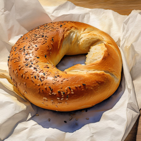 Bagel with sesame seeds on a paper background. Top view.の素材
