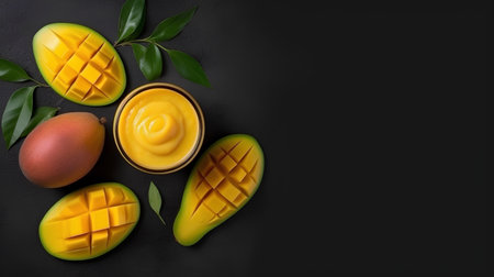 Mango smoothie and mango fruits on black background with copy spaceの素材