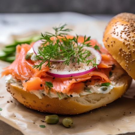 Sandwich with smoked salmon, cream cheese, cucumber, radish and dillの素材