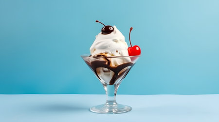 Vanilla ice cream with cherry and chocolate sauce in glass on blue backgroundの素材