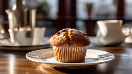 Muffin on a white plate on a wooden table in a cafeの素材