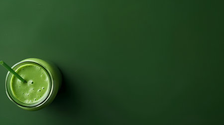 Green smoothie in a jar on a green background. Top view.の素材