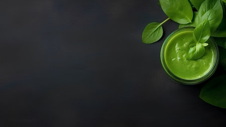 Green smoothie in a jar with fresh basil leaves on a dark backgroundの素材