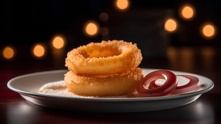 Deep fried onion rings on a plate with red chili pepper on a dark backgroundの素材