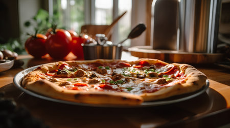 Pizza with meat, mushrooms and vegetables on a wooden table.の素材