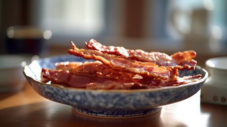 Bacon in a bowl on a wooden table. Selective focus.の素材