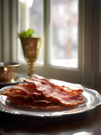 Slices of smoked bacon on a plate. Selective focus.の素材