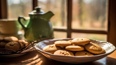 Homemade cookies in a plate on a wooden table near the windowの素材