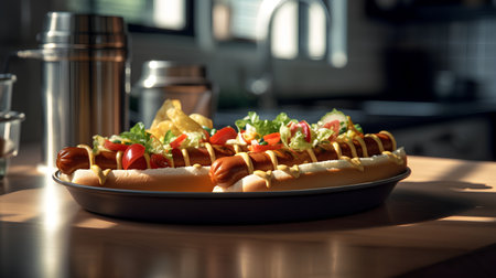 Hot dog with mustard, ketchupnnaise and lettuce on a wooden tableの素材