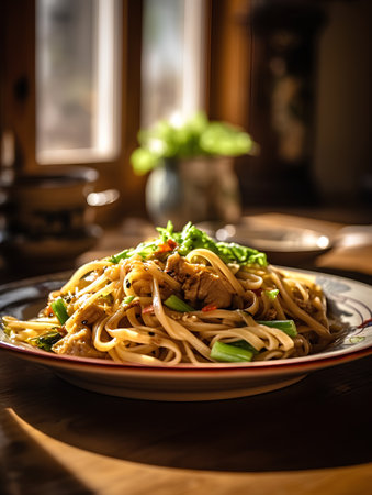Udon noodles with pork and vegetables on wooden table. Selective focus.の素材