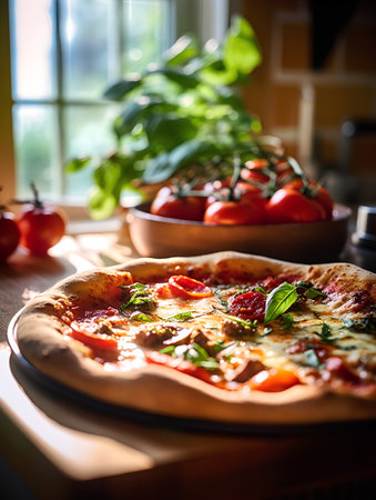 Pizza with mozzarella cheese, tomatoes and basil on a wooden tableの素材