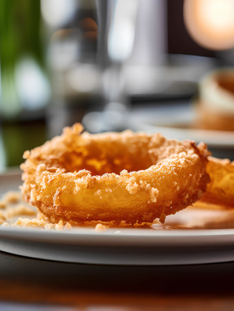 Crispy fried onion rings on a white plate. Selective focus.の素材
