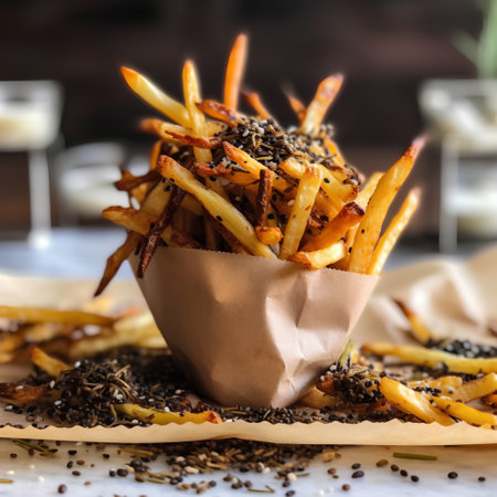 French fries in a paper bag on a wooden background. Selective focus.の素材