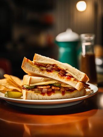 Sandwich with bacon, cheese and ketchup on a wooden tableの素材