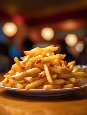 Golden French fries potatoes on a plate in a restaurant or cafe.の素材