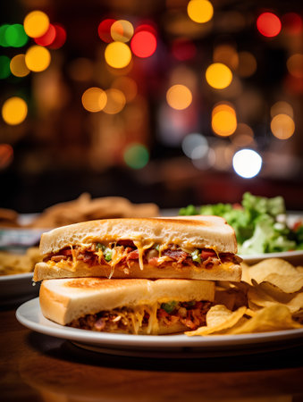 Close up of a hamburger with chips on a wooden table.の素材