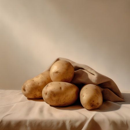 Potatoes on the table with a linen cloth on a light backgroundの素材
