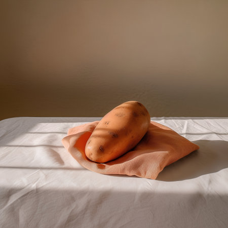 Ripe sweet potato on a linen napkin on a light background.の素材