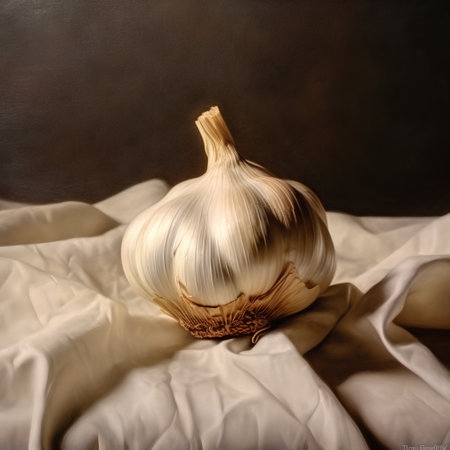 Garlic on the background of a dark wall. Vintage style.の素材