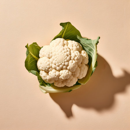 Cauliflower on a beige background. Minimal food concept. Flat lay, top viewの素材