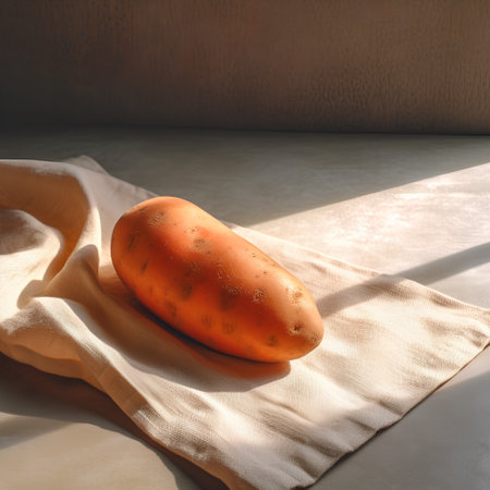Fresh organic sweet potato on linen tablecloth. Healthy eating, dieting and vegetarian concept.の素材