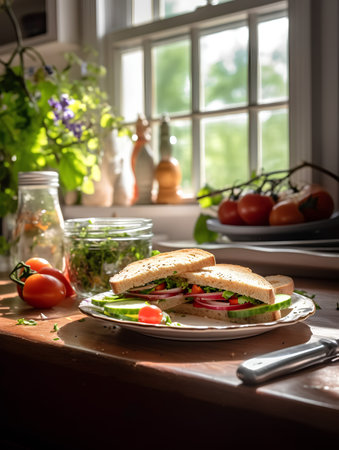 Sandwich with fresh vegetables on a wooden table in the kitchen.の素材