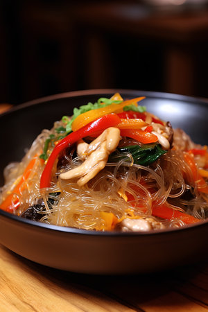 Rice noodles with chicken and vegetables in a bowl on a wooden tableの素材