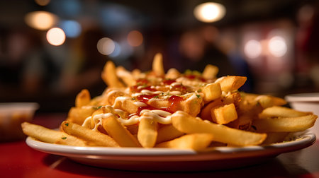 Close up of french fries with ketchup and mayonnaise on a plateの素材