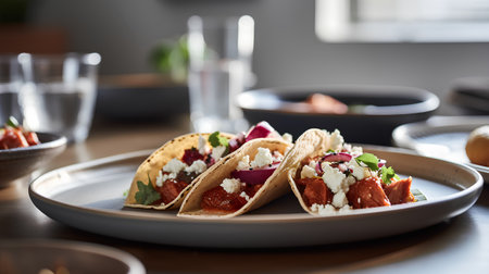 Tacos with roasted beetroot, feta cheese and parsleyの素材