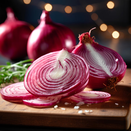 Red onion on wooden cutting board with bokeh lights background.の素材