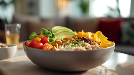 Bowl of healthy oatmeal with fresh vegetables on table in kitchenの素材