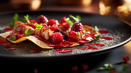 Pancakes with berry sauce in a black plate on a dark backgroundの素材