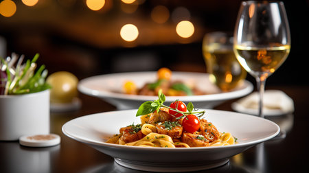 Pasta with tomato sauce and herbs on a table in a restaurantの素材