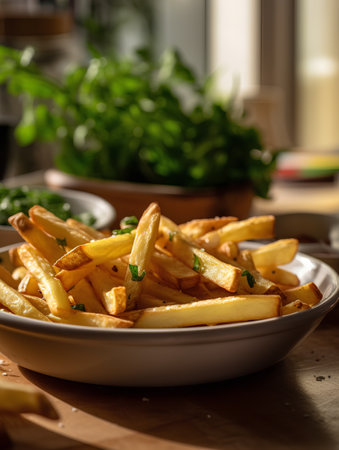 french fries with herbs on a wooden table. tinting. selective focusの素材