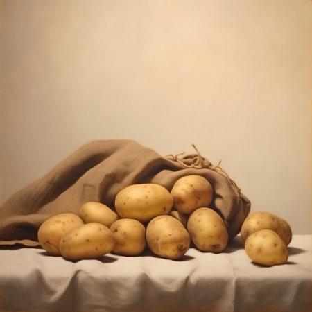 Potatoes on table with sackcloth, grunge background, copy spaceの素材