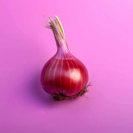 Red onion on a pink background, top view. Minimal conceptの素材