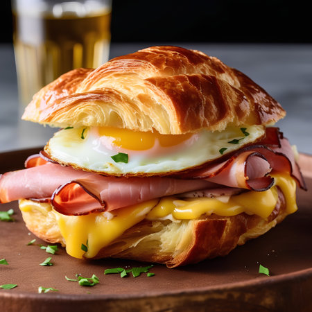 Croissant sandwich with ham, cheese and egg on black backgroundの素材