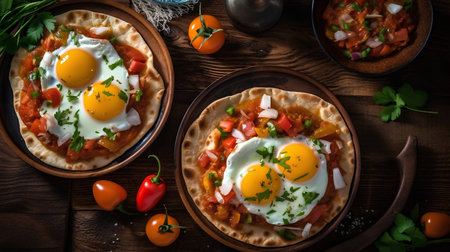 Shakshuka with fried eggs and tomatoes on a wooden backgroundの素材