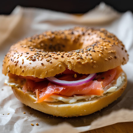 Bagel with smoked salmon and cream cheese, selective focus.の素材